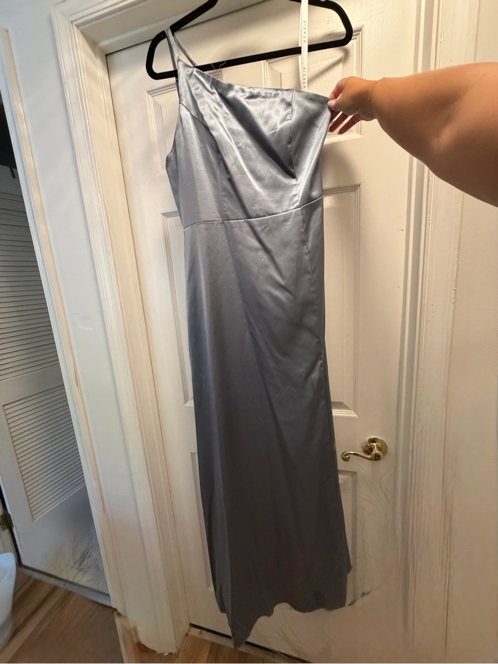 Azazie One-Shoulder Satin Evening Gown in Silver Gray